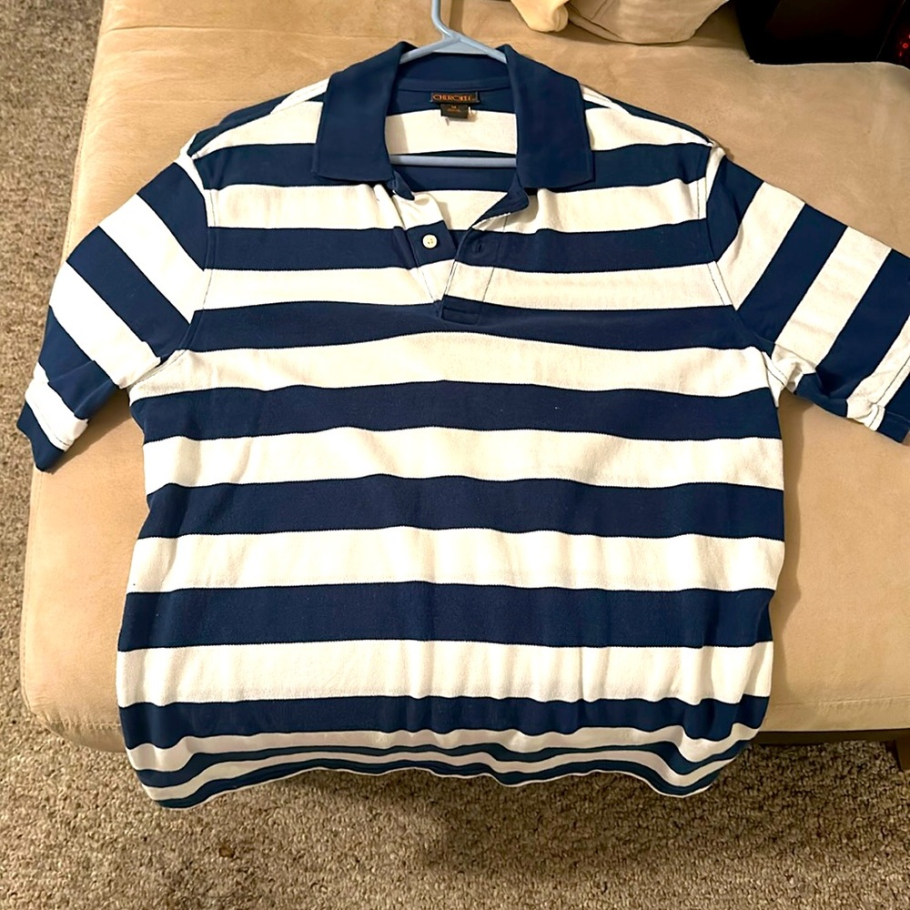 Medium blue & white striped shirt, slightly worn.
